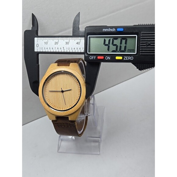 Cucol Bamboo Wooden Watch Brown Leather Strap Minimalist Quartz 45mm New Battery - Picture 4 of 11